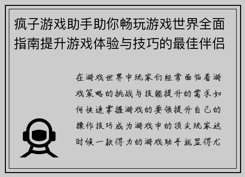 疯子游戏助手助你畅玩游戏世界全面指南提升游戏体验与技巧的最佳伴侣